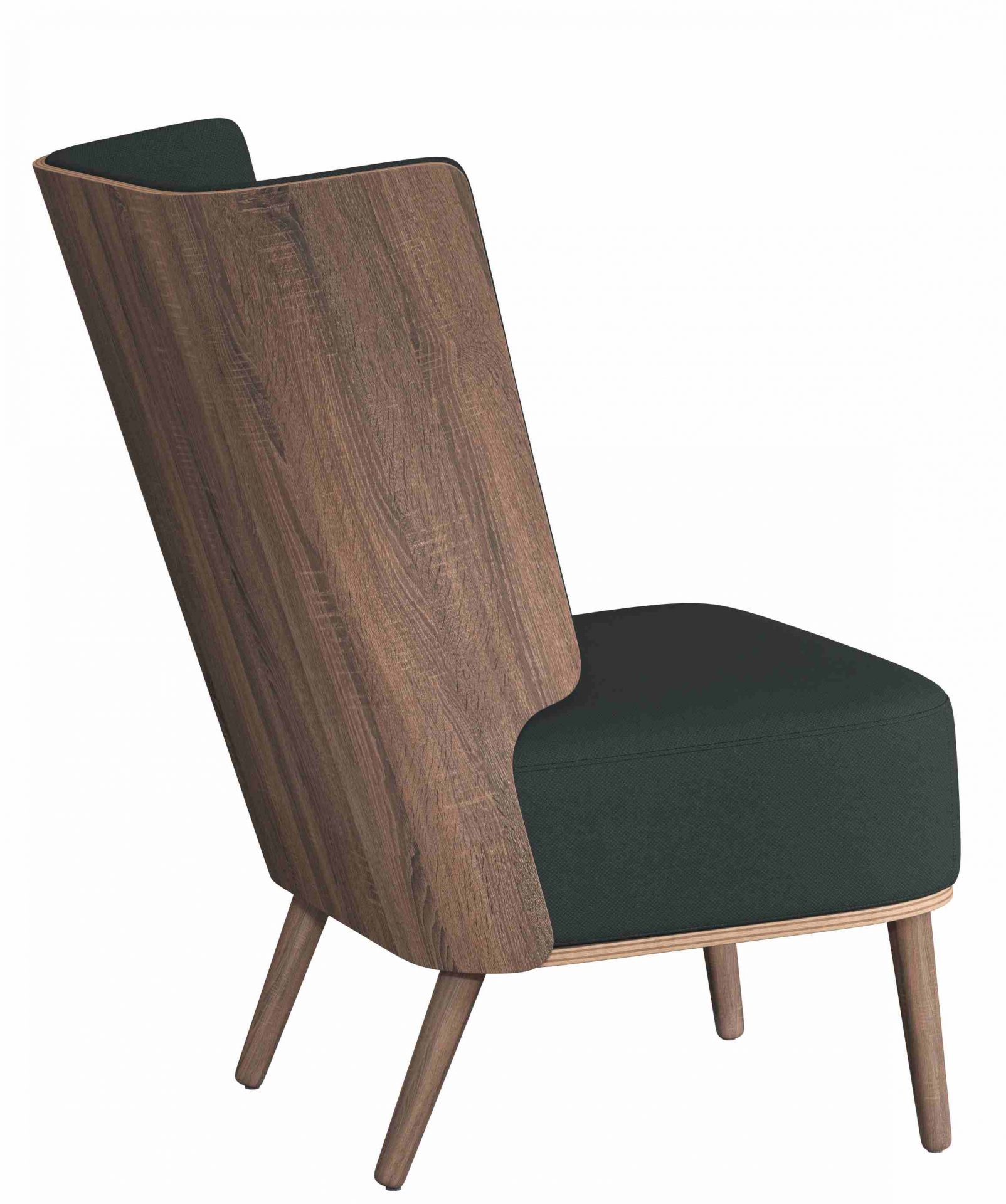 Serena Lounge Chair Sessel mit dunklem Eichenholz und grauem Stoffbezug, Rückansicht.