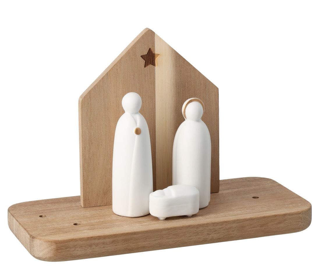 Weihnachtslandschaft Krippe von Räder: Moderne, minimalistische Darstellung der Weihnachtsgeschichte mit Holzstall und weißen Porzellanfiguren.