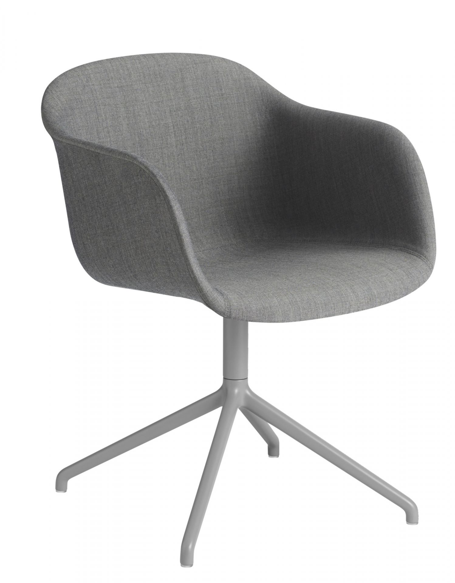 Grauer Fiber Armchair von Muuto mit Drehfuß, Stoffbezug und Armlehnen. Moderner Designstuhl.