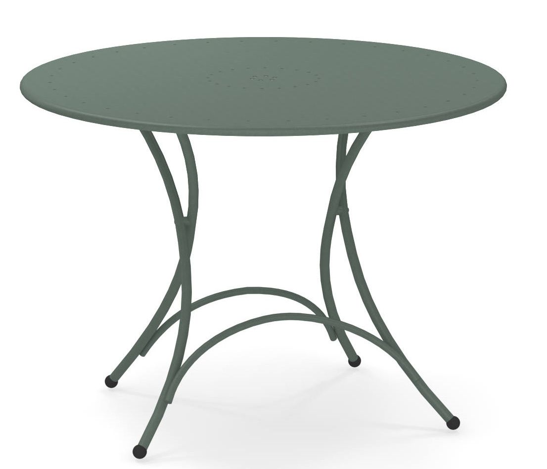Pigalle Klapptisch Outdoor von Emu, runder Gartentisch aus Metall in Salbeigrün, Detailansicht.