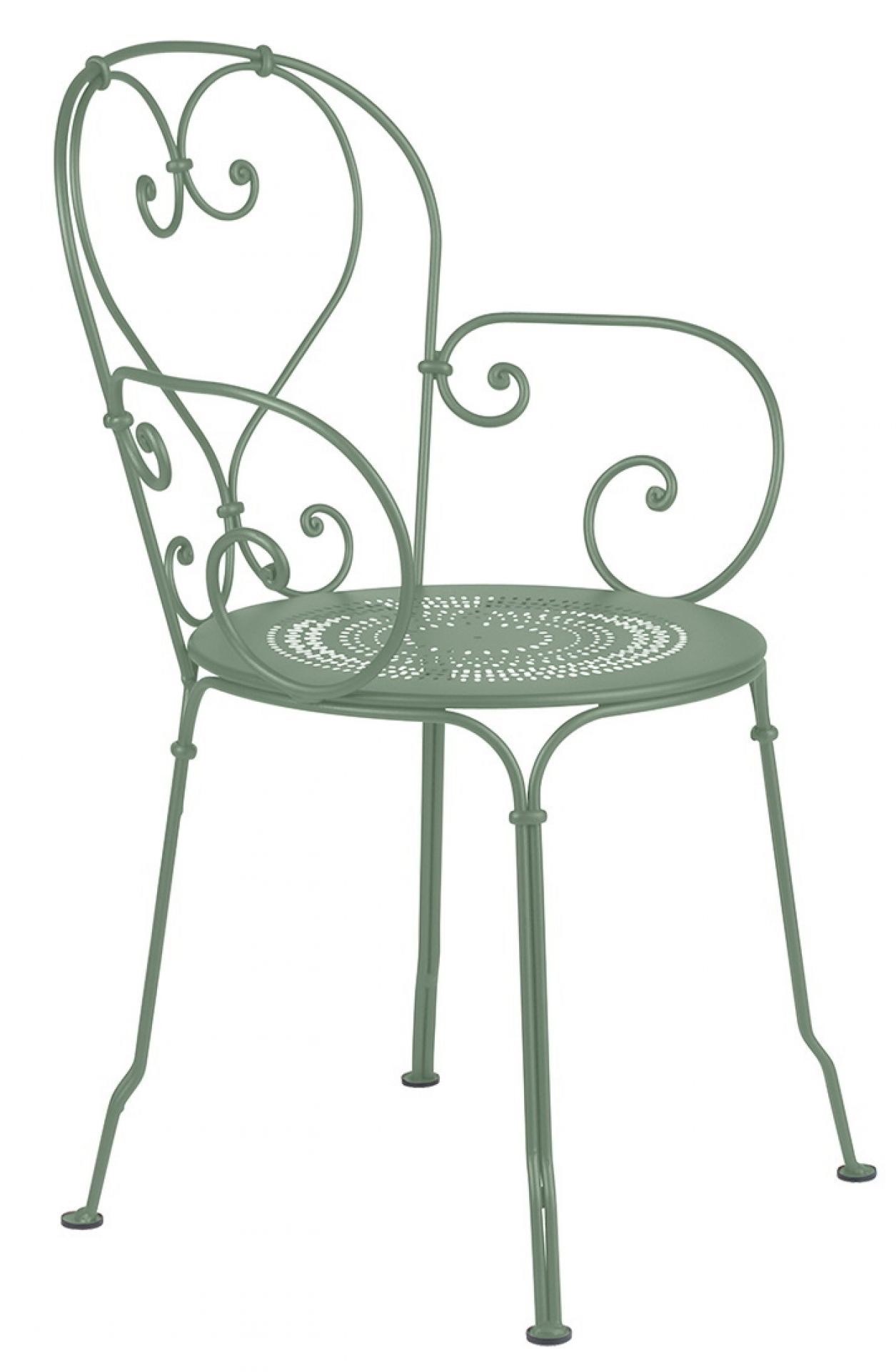 Grüner Fermob 1900 Sessel für den Garten mit filigranem, verschnörkeltem Design und Armlehnen.