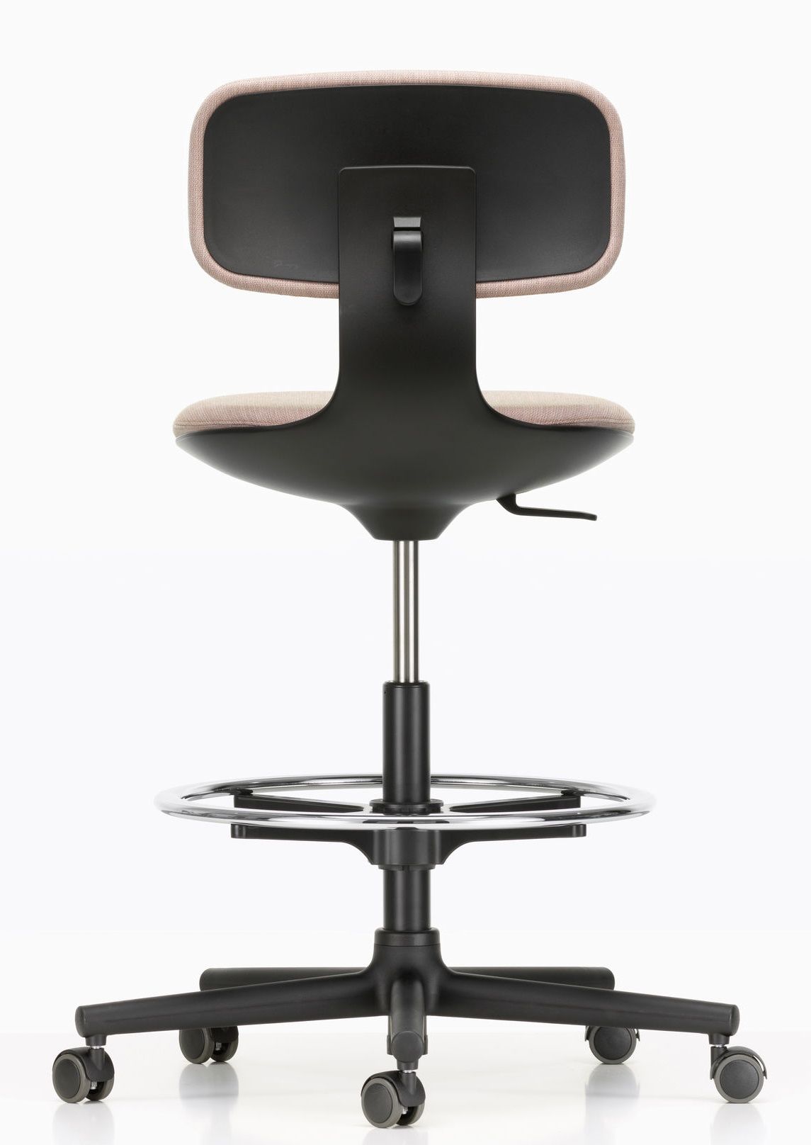 Rückansicht des Vitra Rookie High Bürodrehstuhls mit Fußstütze, Rollen und höhenverstellbarer Sitzfläche.