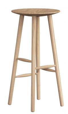 DI Volo Barhocker aus hellem Holz, 75 cm hoch, mit runder Sitzfläche und Fußstütze.