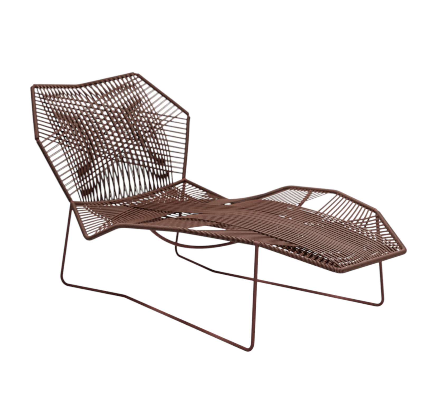 Tropicalia TR1 Outdoor Liege von Moroso, braunes Stahlgestell mit geflochtener Sitzfläche für Garten und Terrasse.