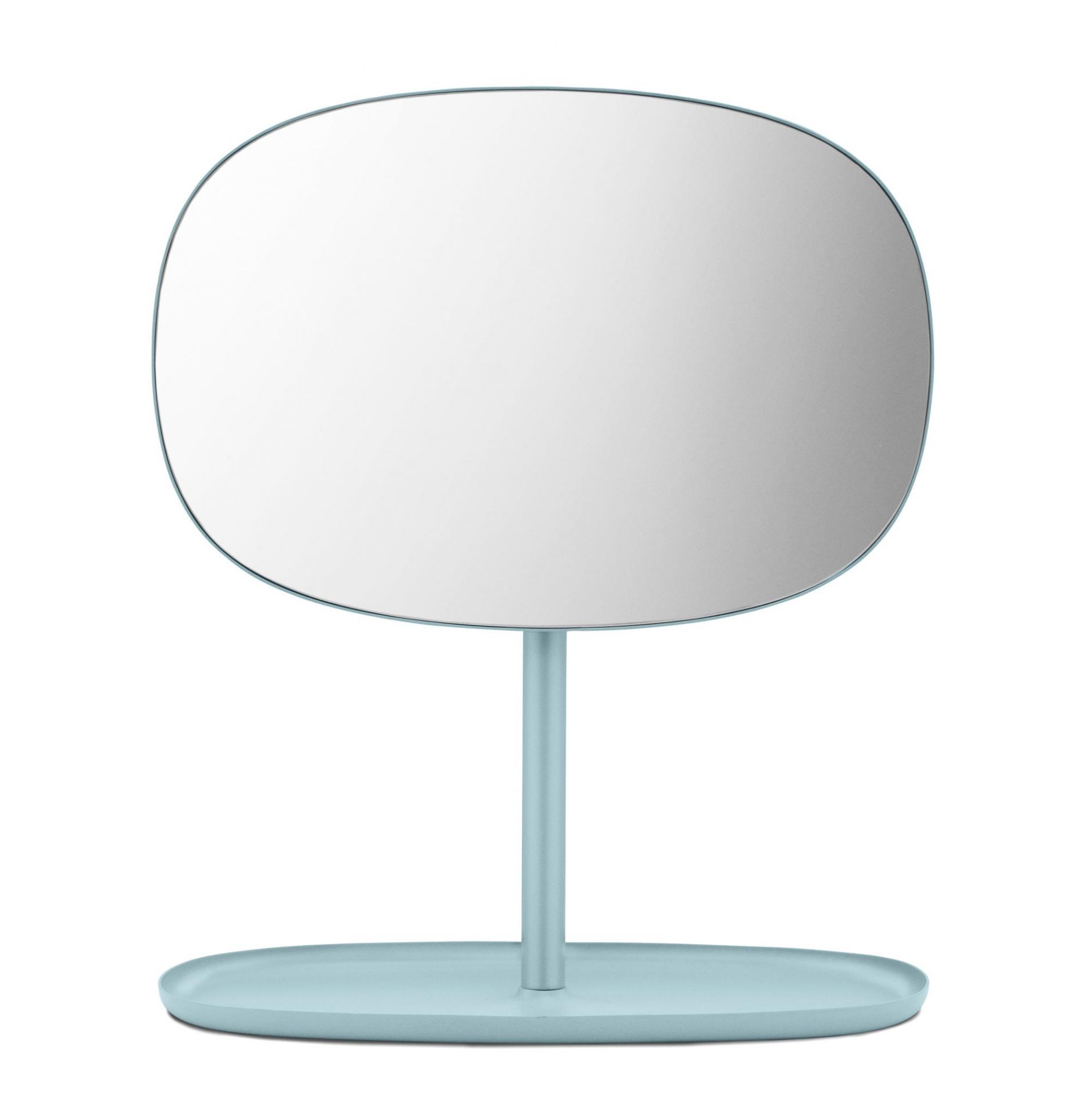 Normann Copenhagen Flip Spiegel in Hellblau, moderner Tischspiegel mit ovalem Spiegelglas und Ablage für Kosmetik.