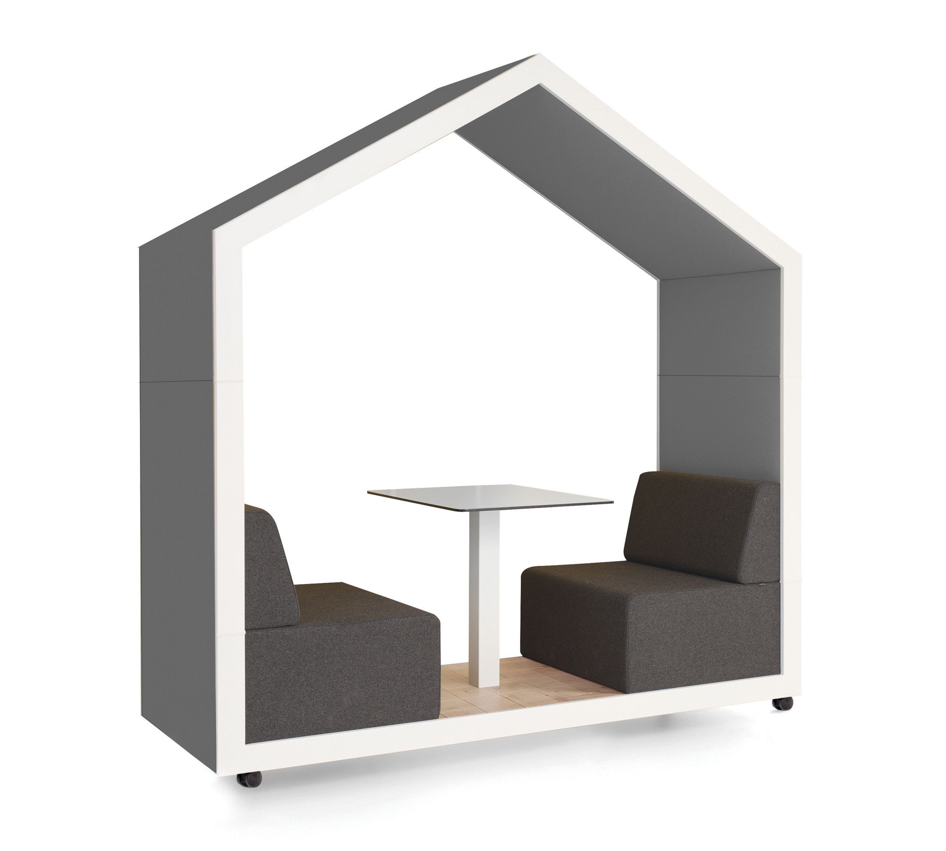 treehouse TH 2 Akustikmöbel von Bejot für zwei Personen mit Tisch und grauen Sitzen.
