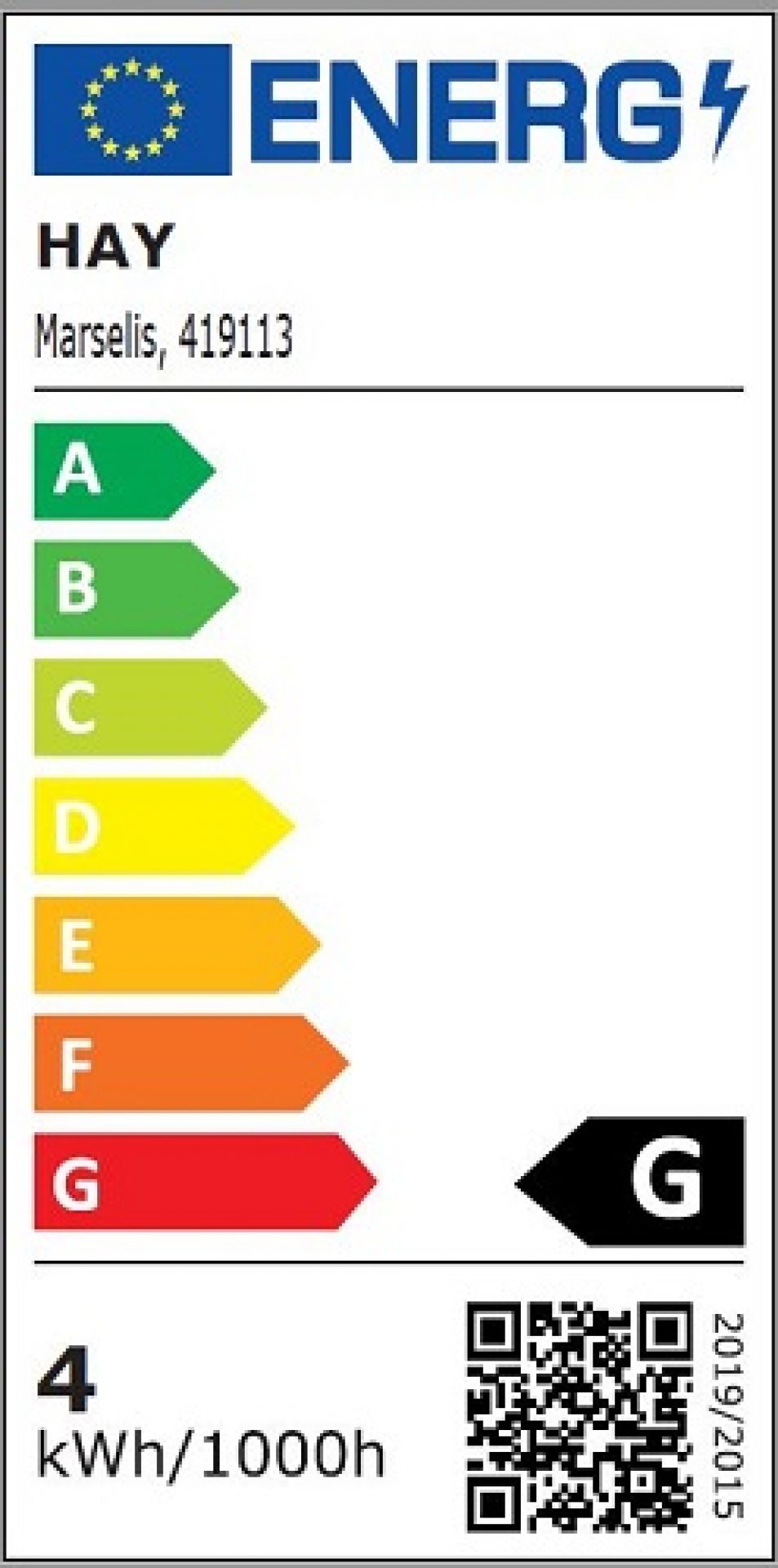 Energieeffizienzlabel der Hay Marselis Tischleuchte mit Energieeffizienzklasse G und 4 kWh/1000h.