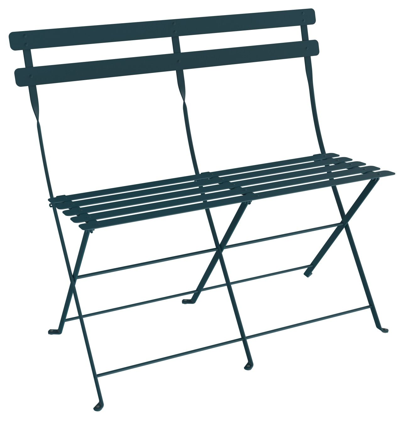 Fermob Bistro Klappbank für zwei Personen in tiefem Blaugrün, ideal für Garten und Terrasse.