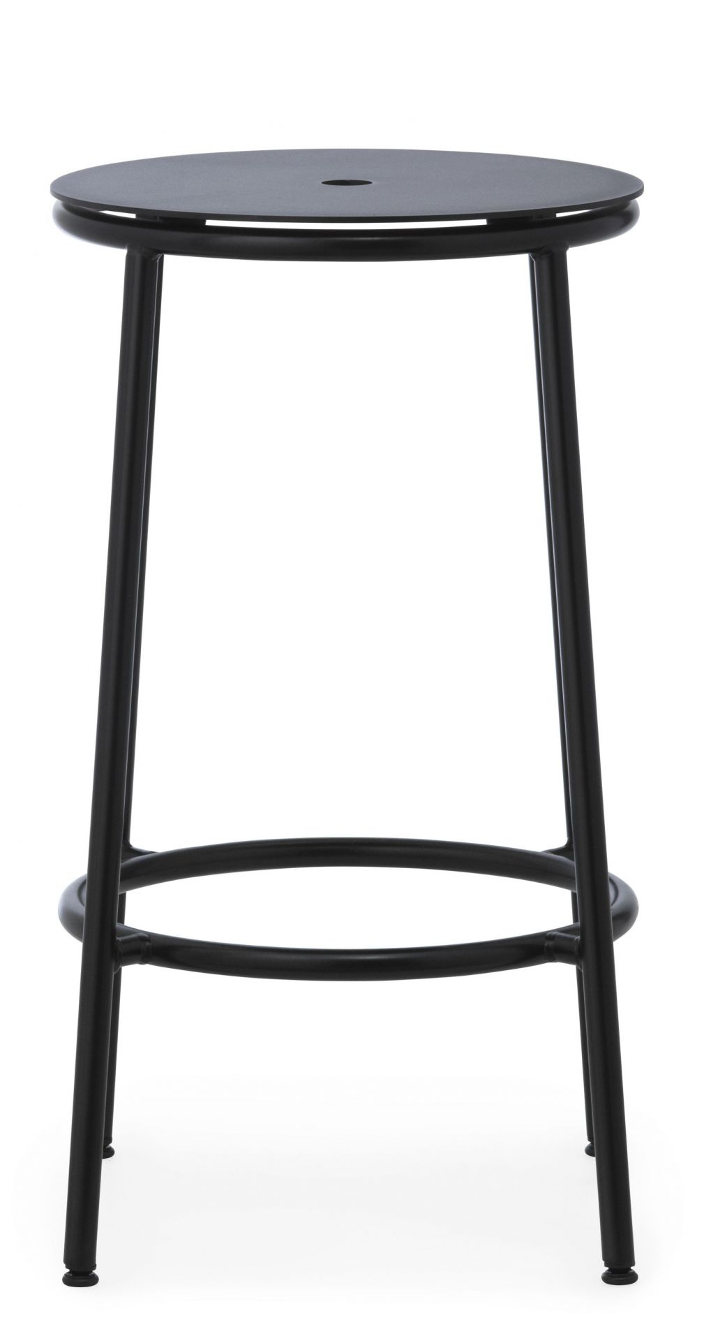 Circa Barhocker H 75 cm von Normann Copenhagen, schwarzer Metall-Barstuhl mit runder Sitzfläche.