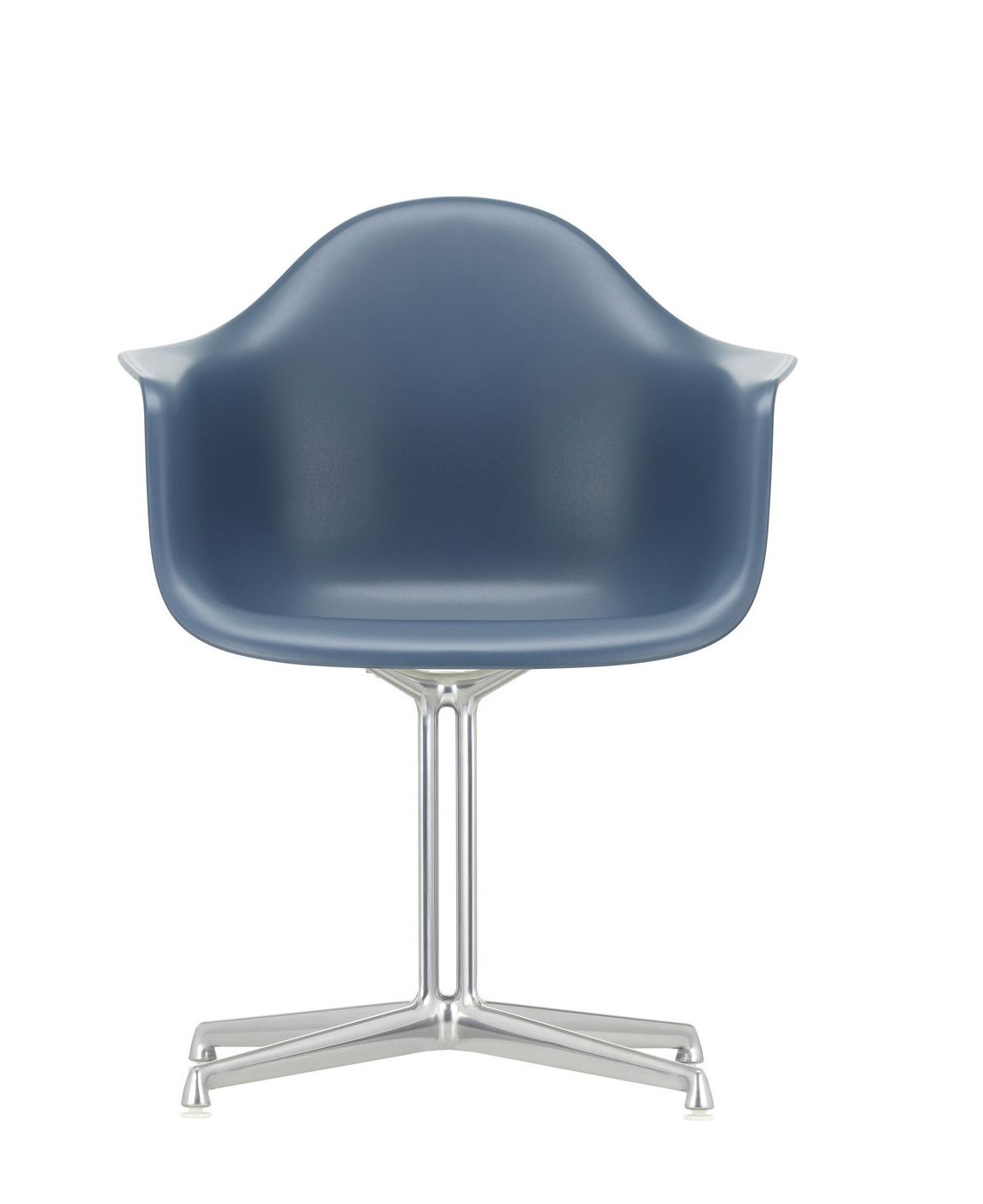 Eames Plastic Arm Chair DAL von Vitra, blauer Design Stuhl mit verchromtem Vierfußgestell.
