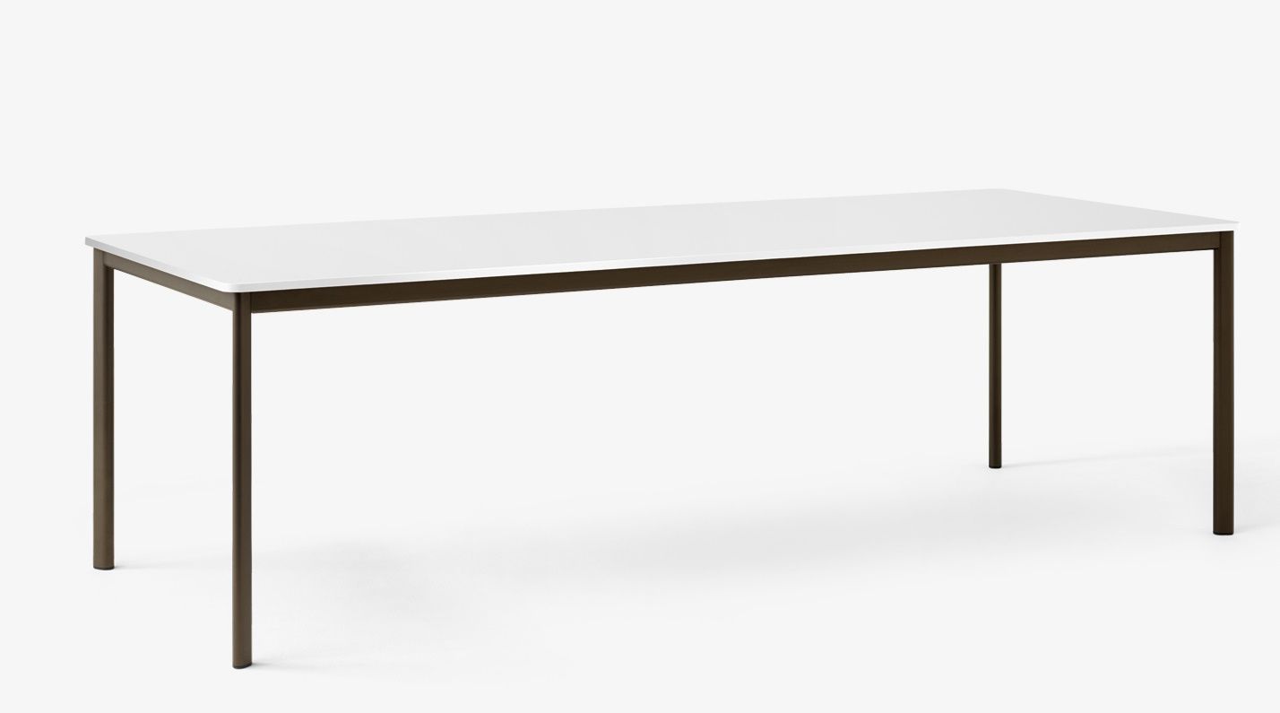 AndTradition Drip Table mit weißer Tischplatte und braunem Metallgestell, ideal als Esstisch oder Schreibtisch.