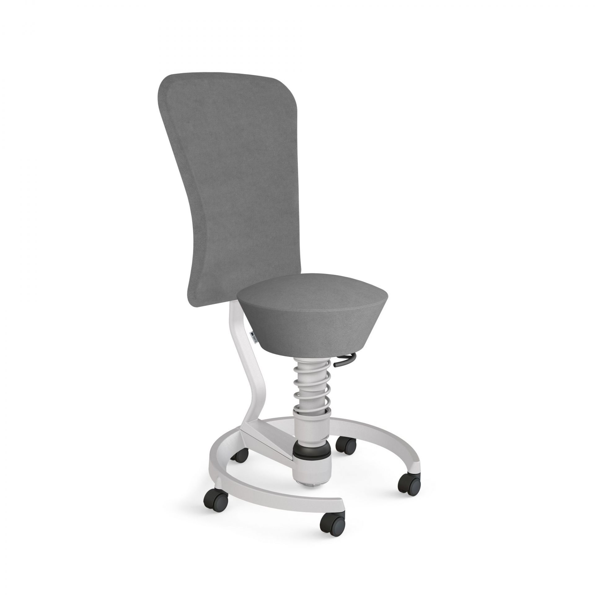Grauer Swopper Work Hocker mit Rückenlehne, Federung und Rollen für ergonomisches Sitzen.