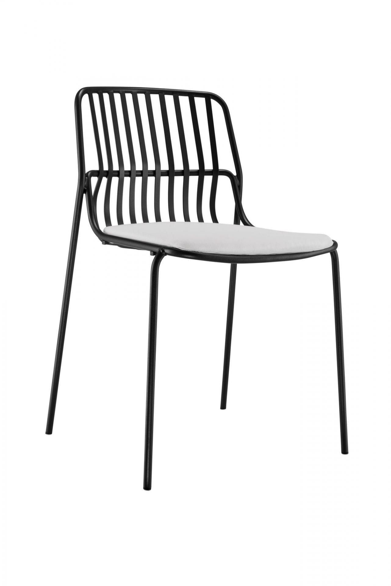 Schwarzer Crona Steel Stapelstuhl von Brunner für den Außenbereich mit weißer Sitzfläche. Moderner Gartenstuhl.