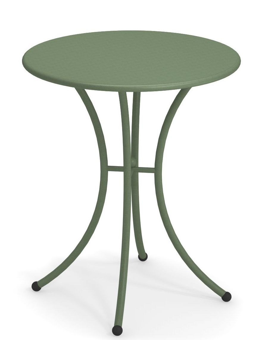Pigalle Tisch rund Outdoor Emu, grüner Gartentisch aus Metall mit drei Beinen für den Außenbereich.