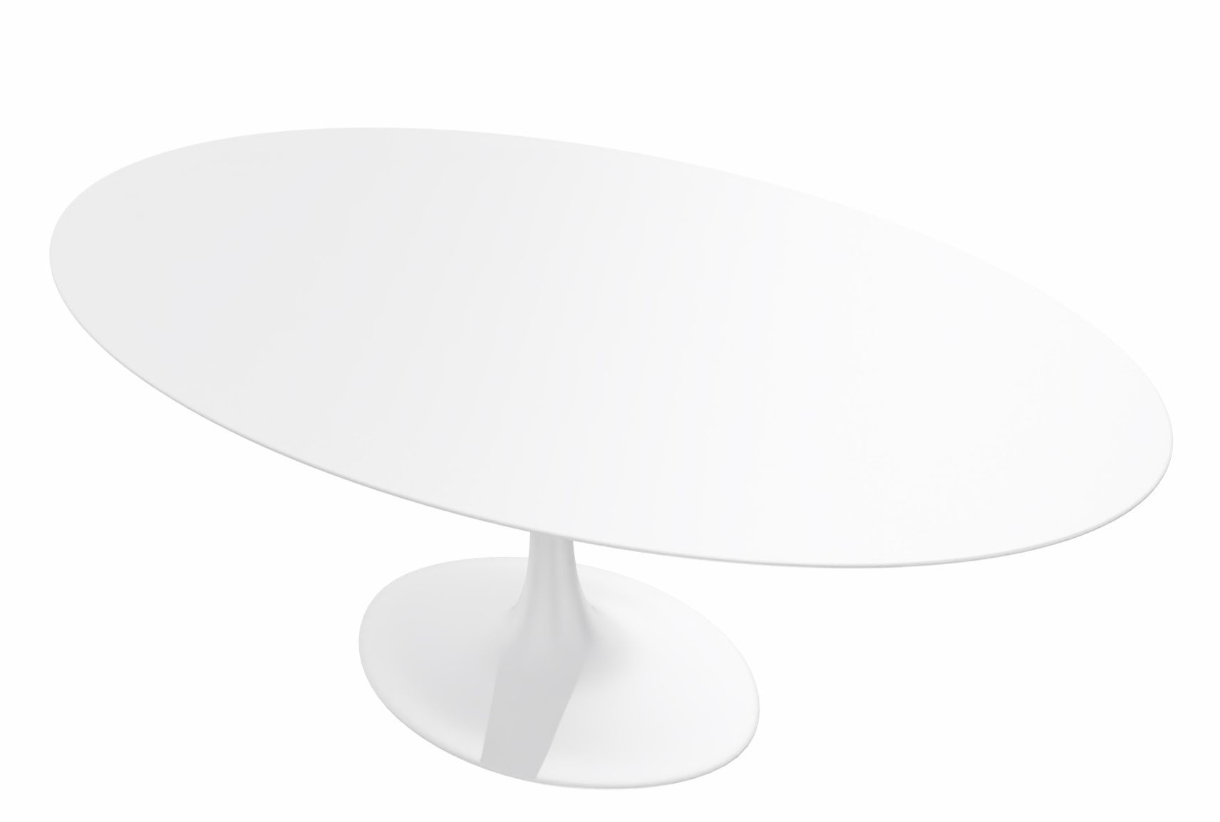 Saarinen Esstisch oval von Knoll International, moderner Küchentisch mit weißer Tischplatte und Trompetenfuß.