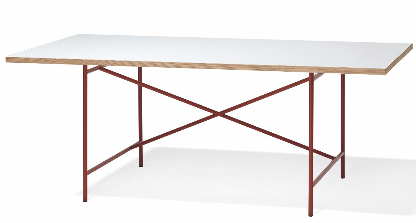Eiermann Tisch mit weißer Tischplatte und rotem Stahlgestell von Richard Lampert, modernes Design.