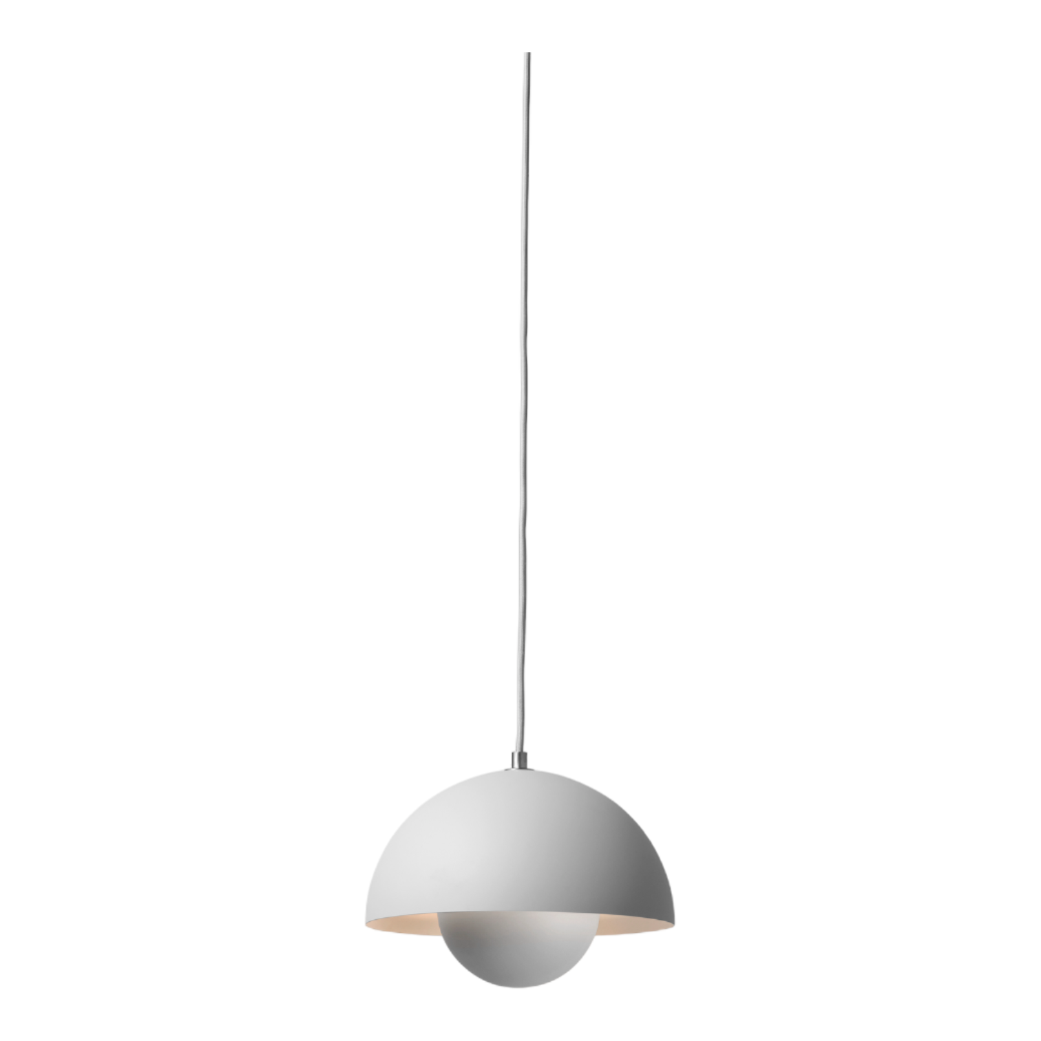 Weiße VP1 Flowerpot Pendelleuchte von AndTradition, moderne Hängelampe mit halbkugelförmigem Lampenschirm für Wohnzimmer und Esszimmer.