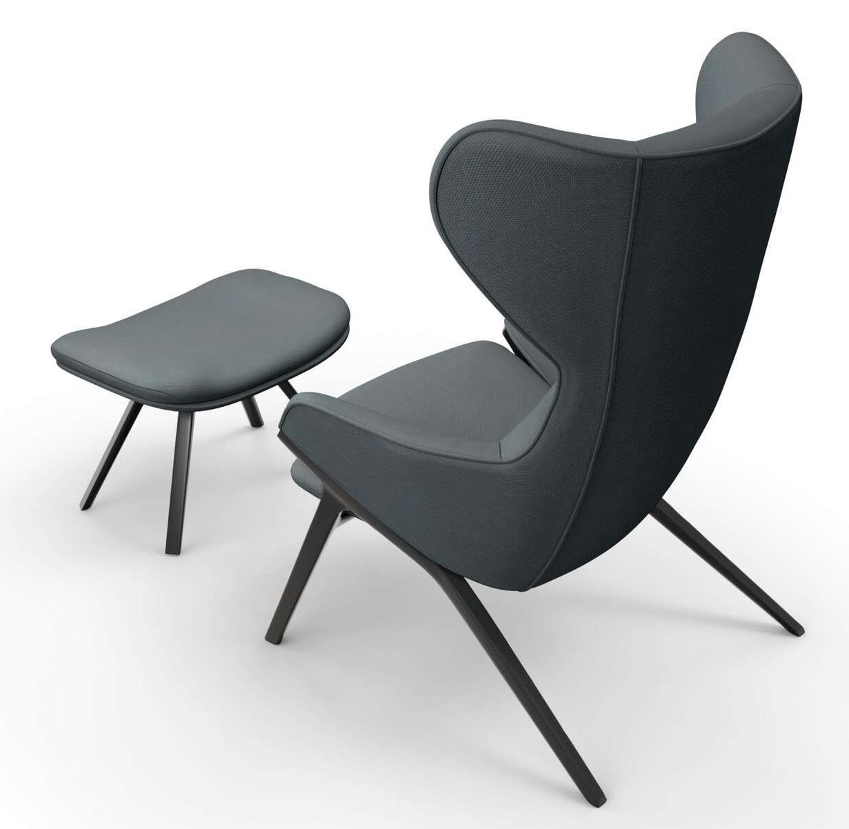 Grauer Cassina Sessel mit passender Fußstütze. Bequeme Sitzmöbel für Wohnzimmer und Lounge-Bereiche.