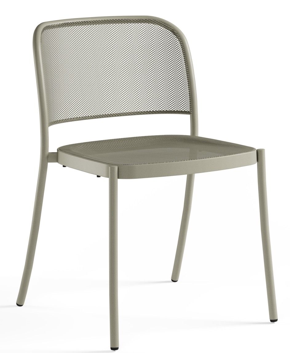 Café Chair Stuhl von Emu für den Außenbereich, Metallstuhl in Taupe mit Netzstruktur.