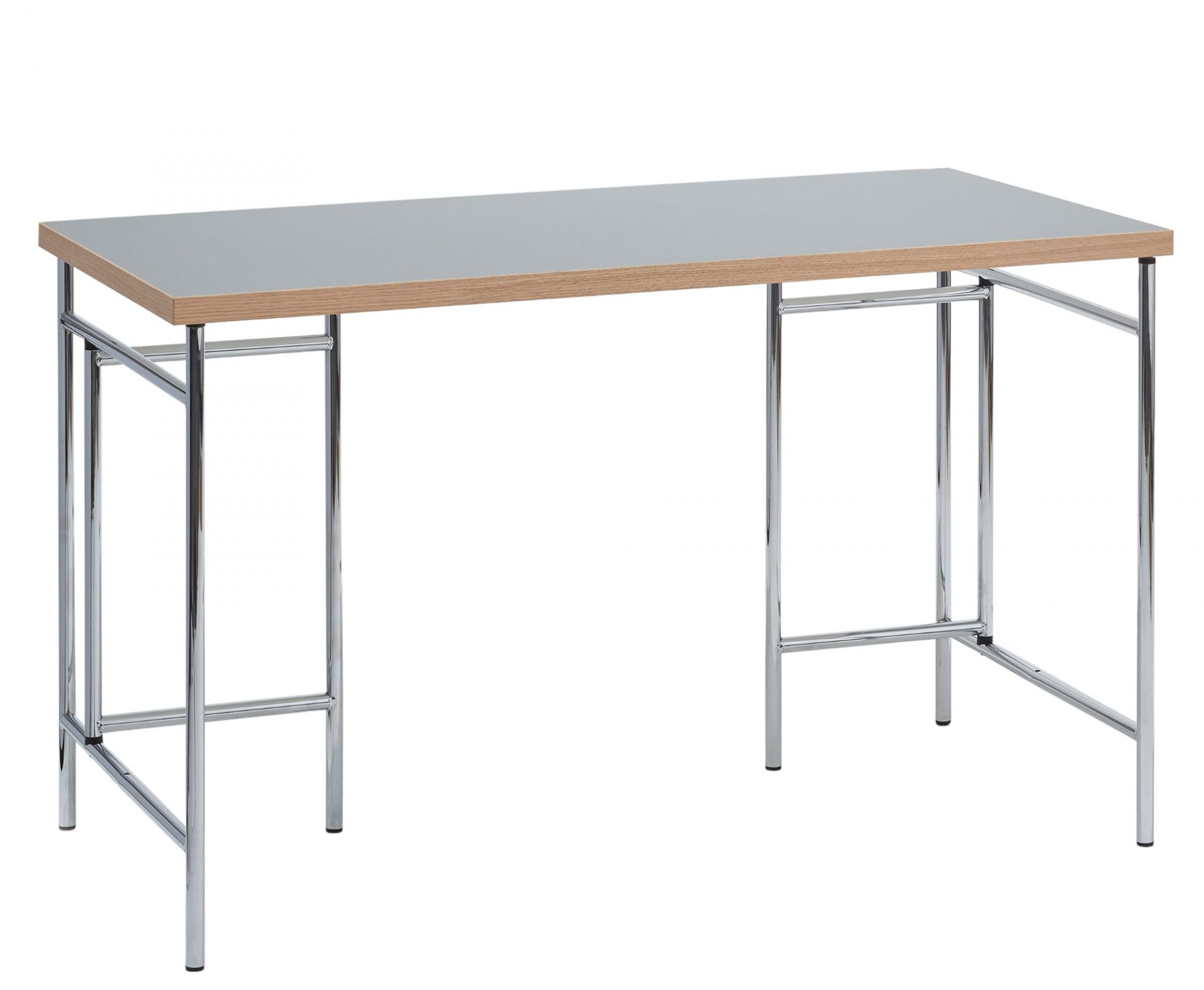 Eiermann Tischgestell aus Edelstahl mit grauer Tischplatte und hellem Holzrahmen, modernes Design für Büro oder Zuhause.