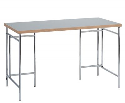 Eiermann Tischgestell aus Edelstahl mit grauer Tischplatte und hellem Holzrahmen, modernes Design für Büro oder Zuhause.