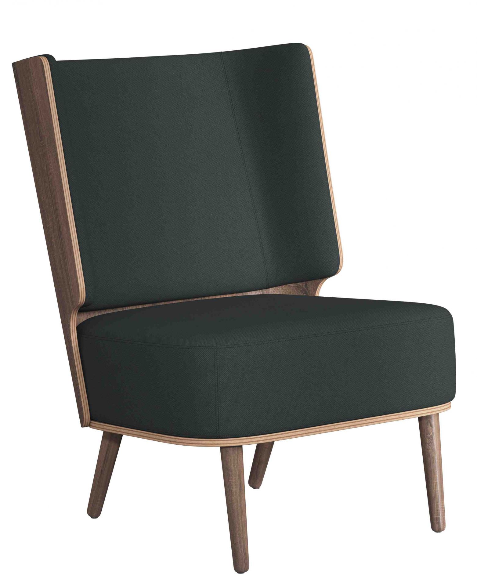 Serena Lounge Chair Sessel mit dunkler Eiche und grauem Stoffbezug. Moderner Sessel.