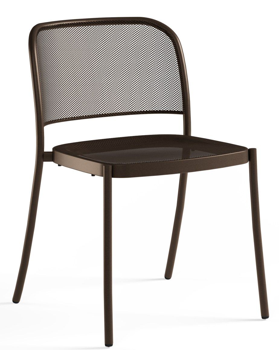 Café Chair Stuhl von Emu für den Außenbereich, brauner Metallstuhl mit Netzstruktur.