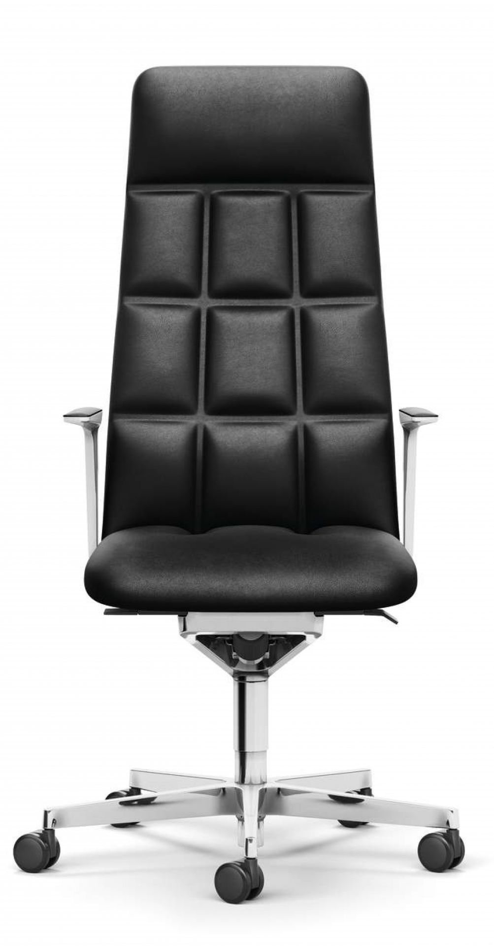 Leadchair Bürostuhl von Walter Knoll, schwarzes Leder, hoher Rückenlehne und Chromgestell.
