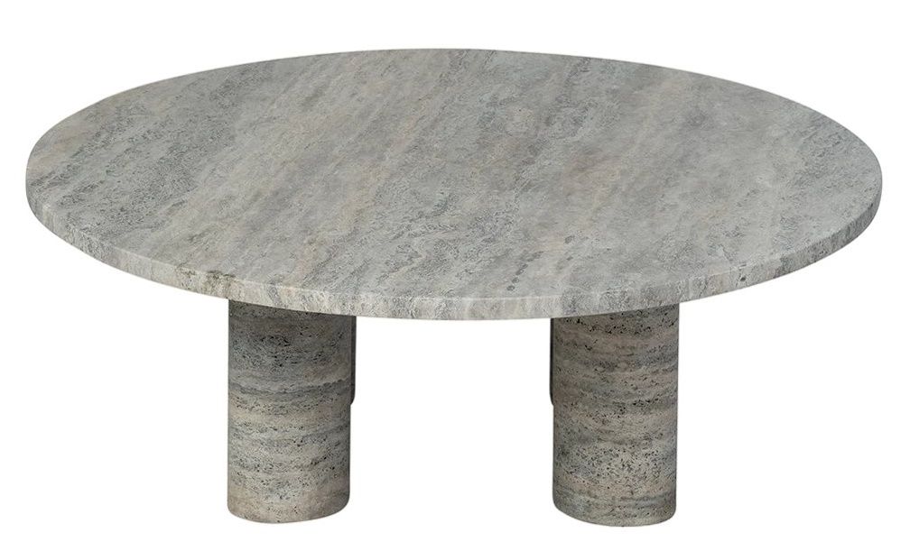 Volos Couchtisch von Blomus, runder Wohnzimmertisch aus Travertin mit zwei zylindrischen Beinen, modernes Design.