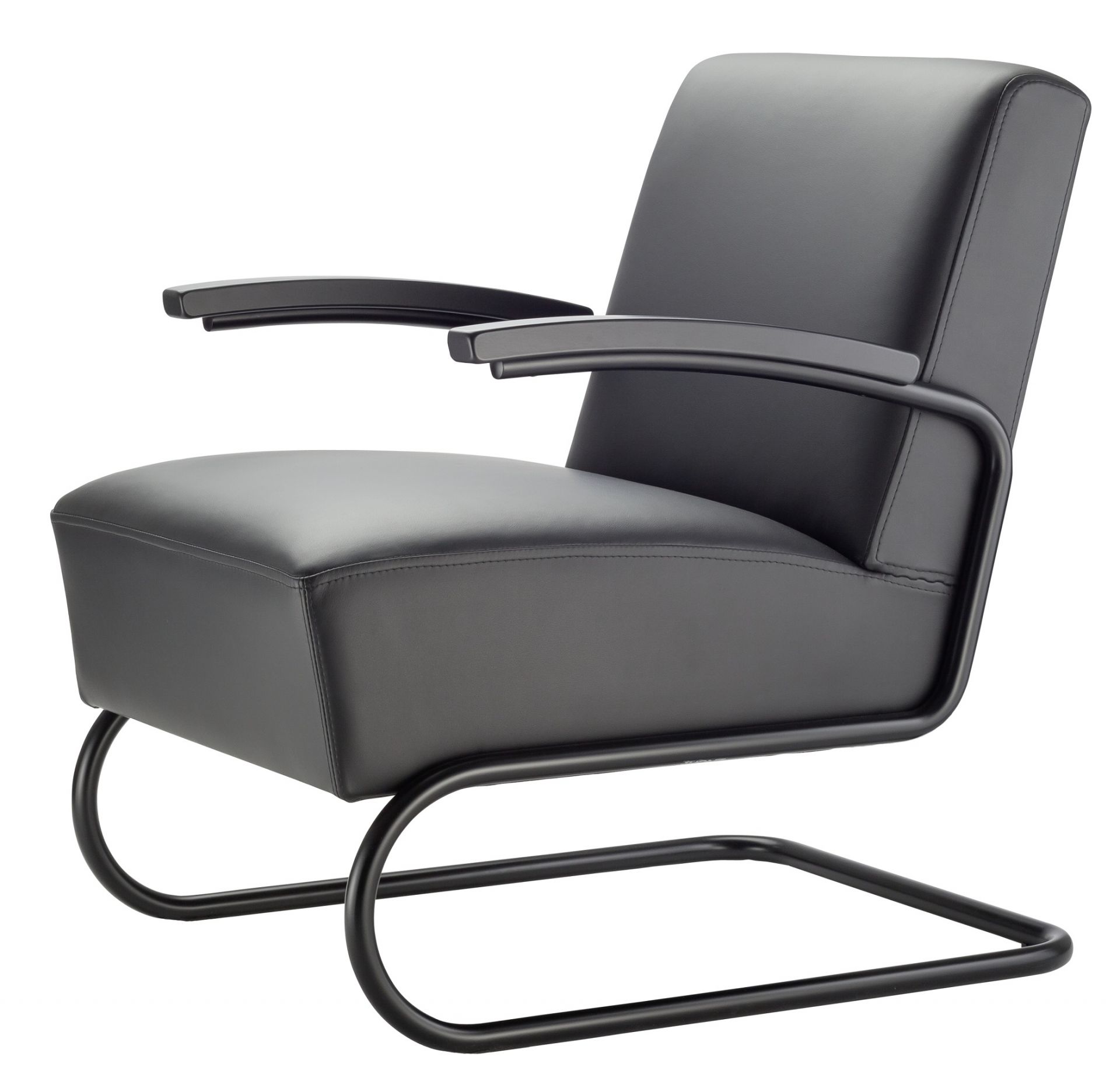 Schwarzer S 411 Thonet Freischwinger Sessel mit Lederbezug und Stahlrohrgestell, seitliche Ansicht.