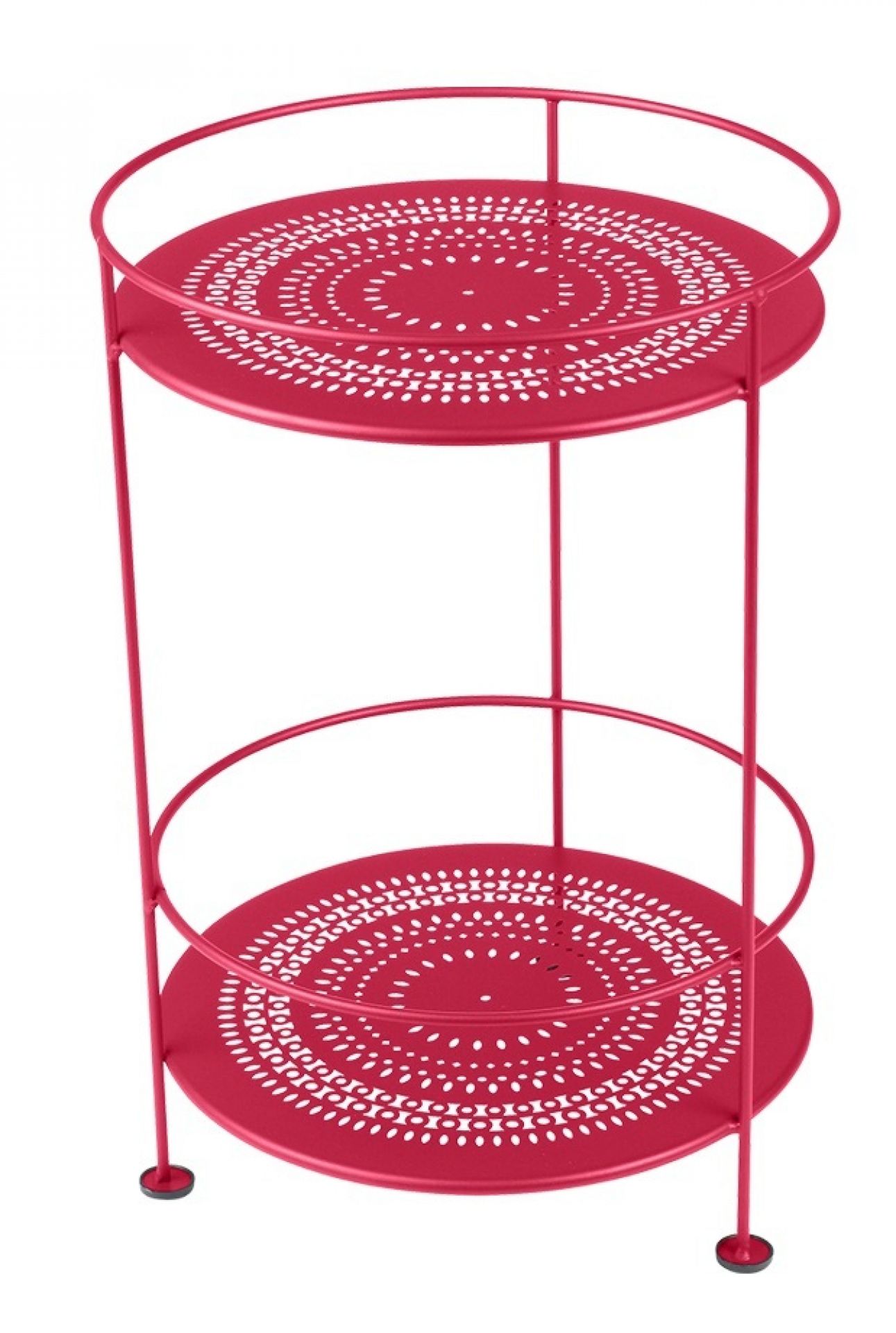 Roter Fermob Guinguette Beistelltisch für den Außenbereich mit zwei runden Ablageflächen aus Metall.