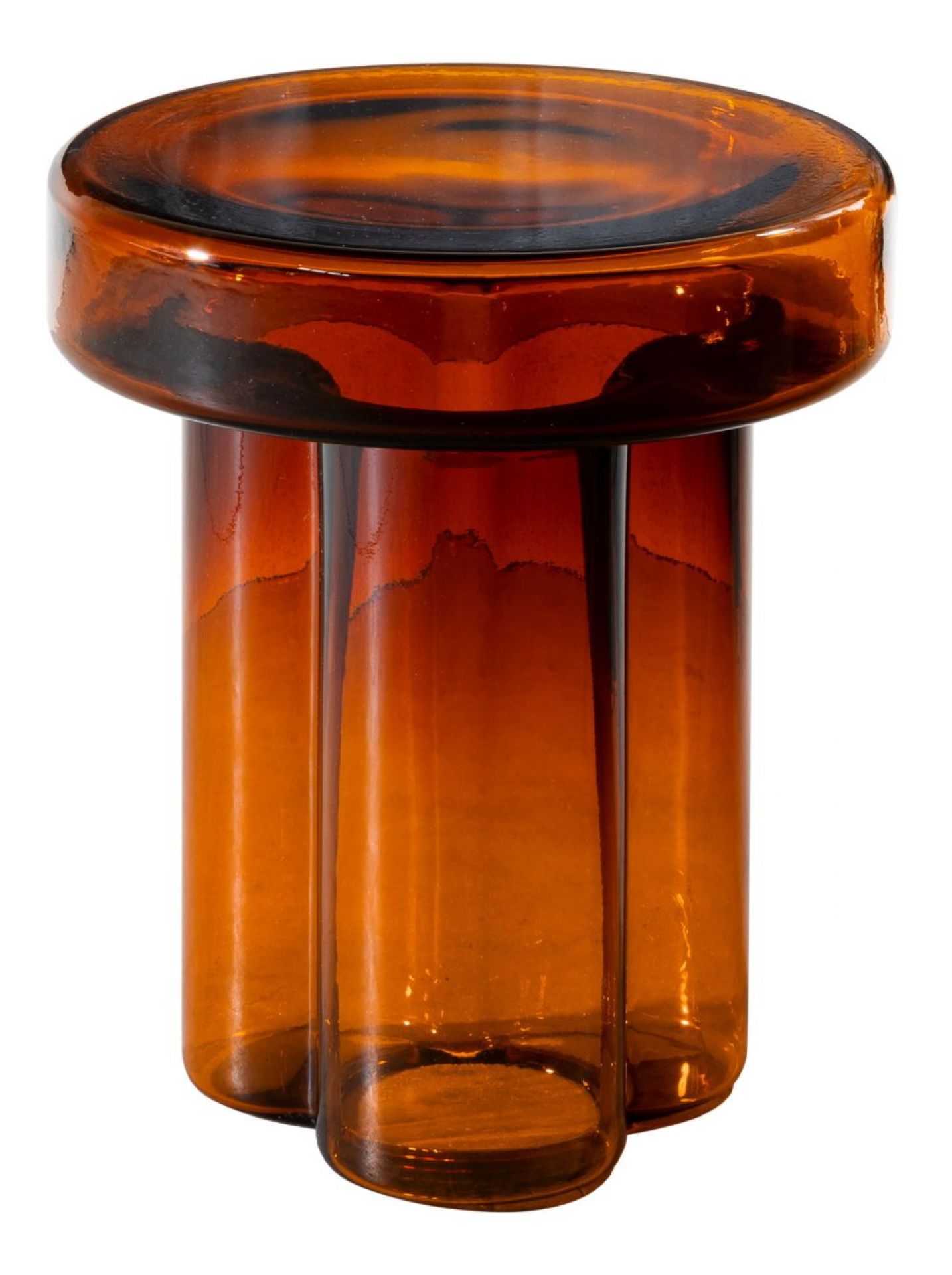 Soda Beistelltisch von Miniforms, aus braunem Glas, runder Tisch mit drei zylinderförmigen Beinen.