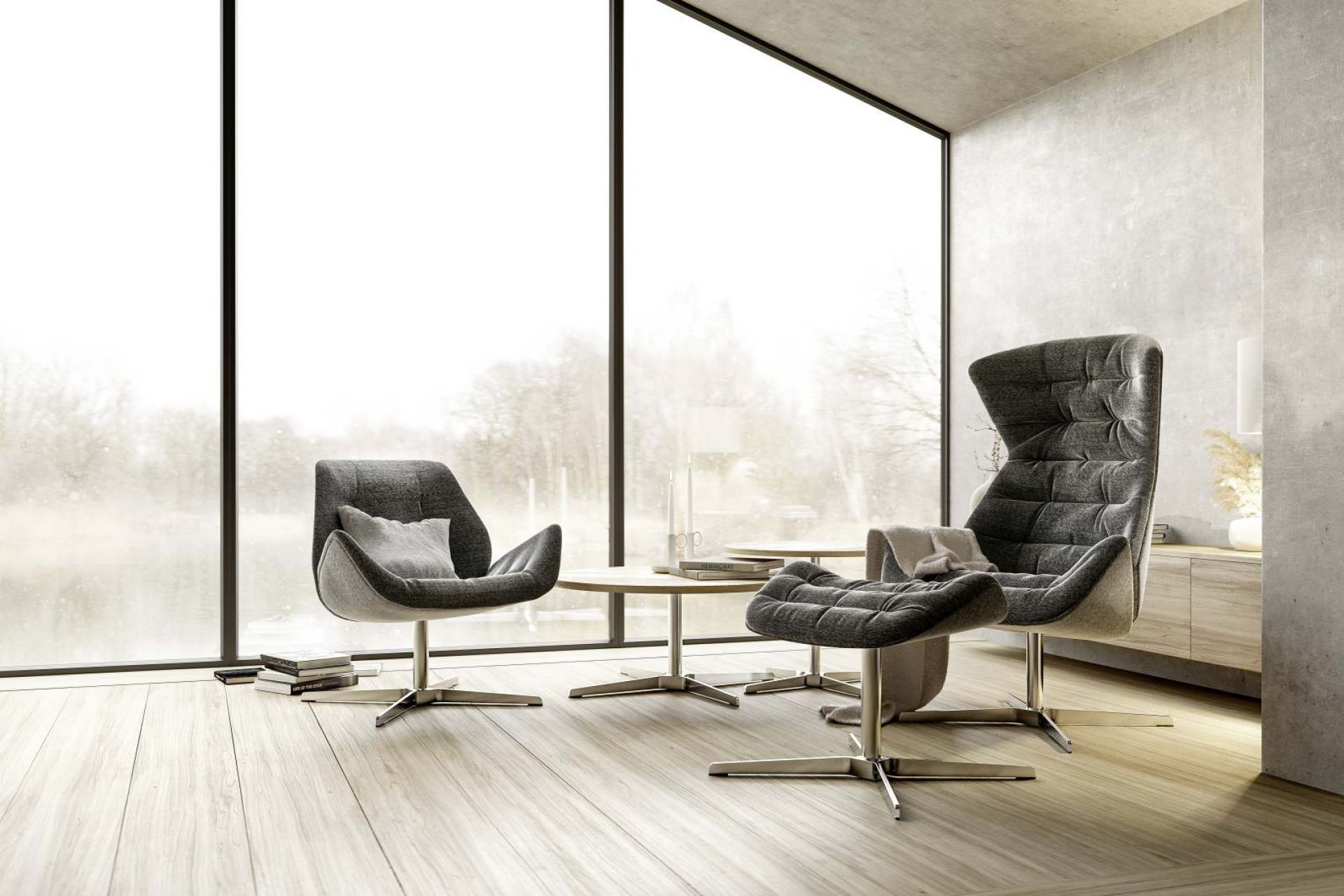 Thonet 809 Lounge Sessel in Grau mit Fußhocker und Beistelltisch vor Fenster.