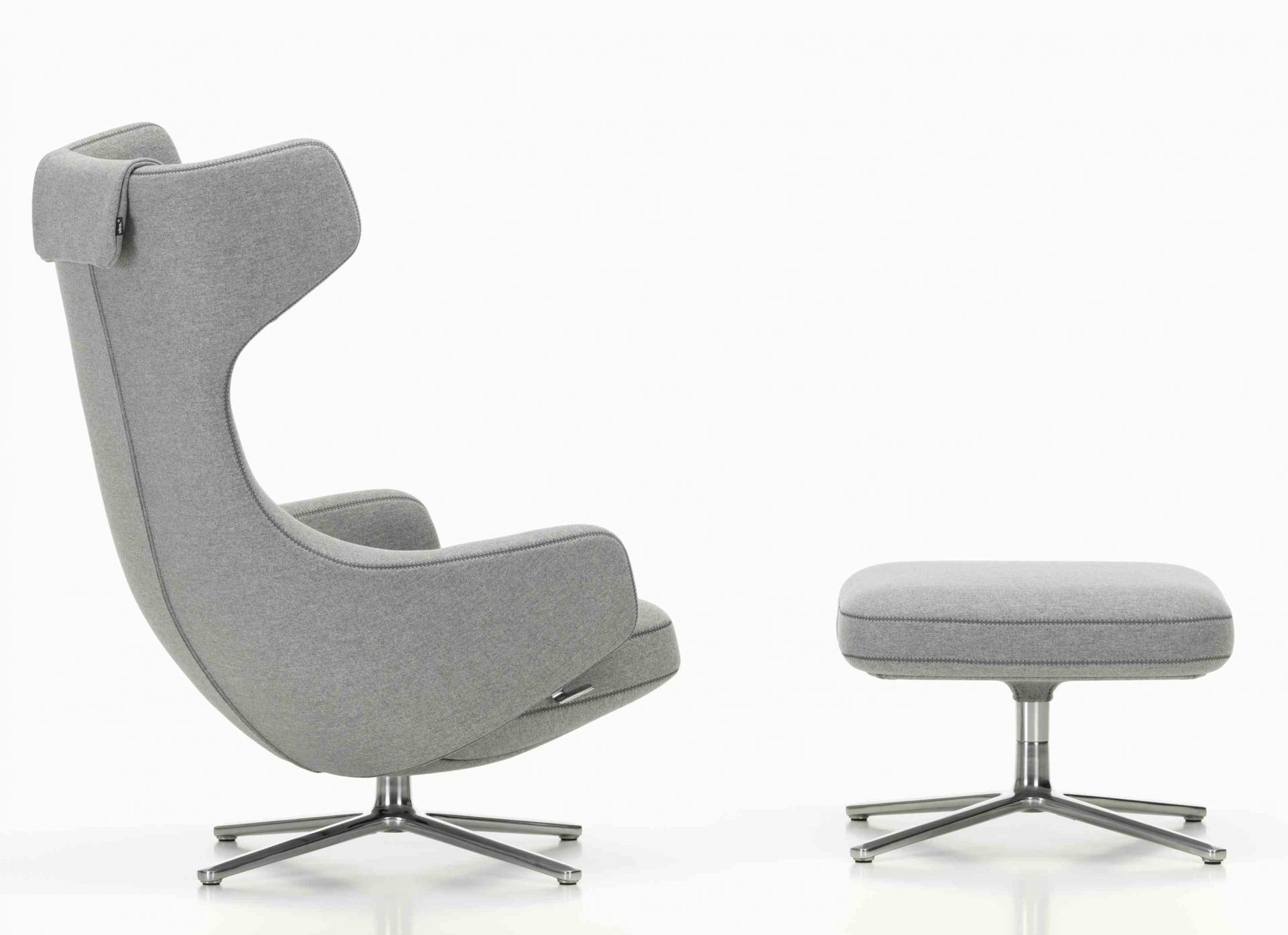 Grand Repos Sessel mit Ottoman von Vitra, gepolstert mit grauem Stoff und poliertem Aluminiumfuß.