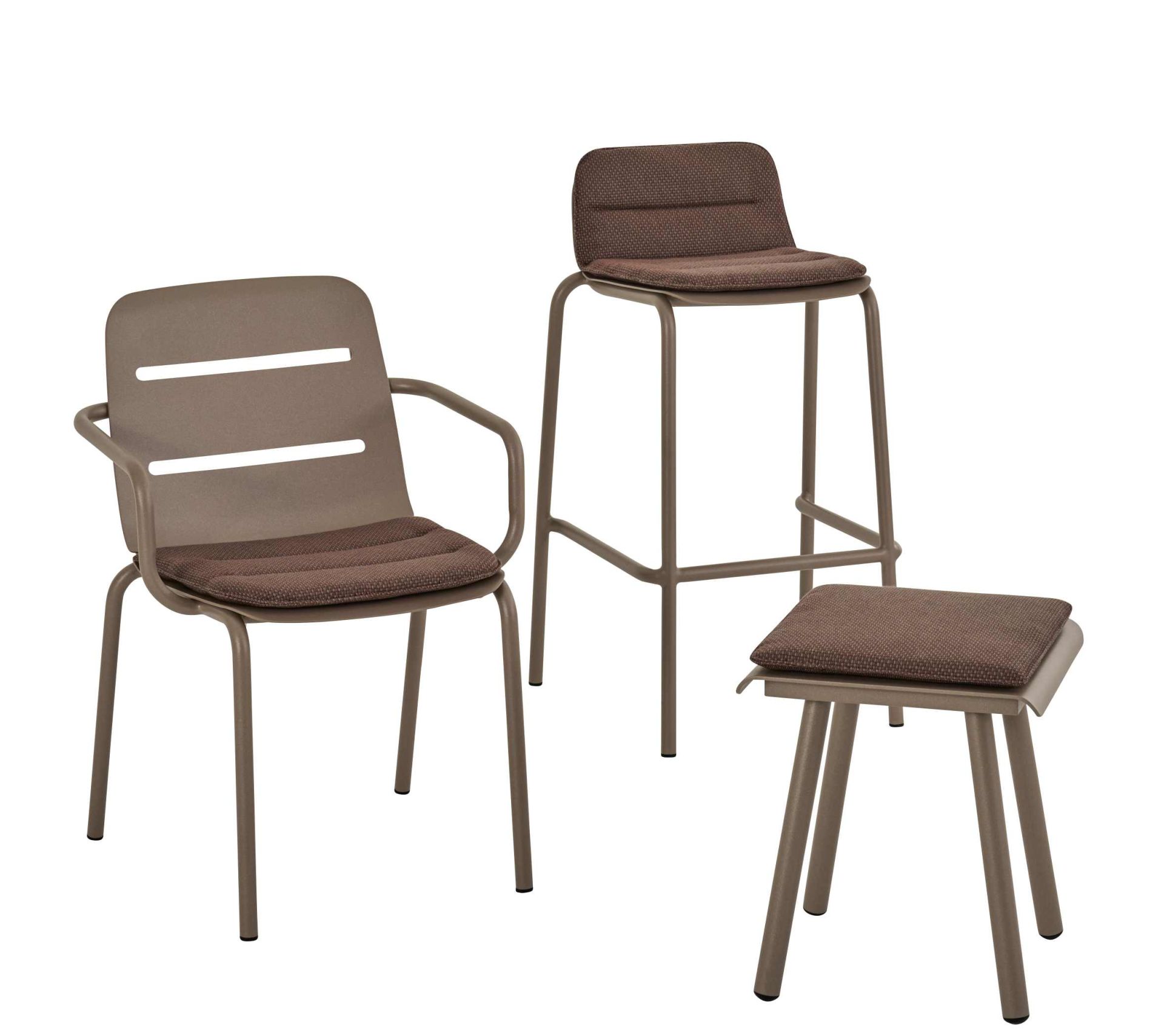 Weishäupl Vapio Barhocker, Stuhl und Hocker für den Außenbereich, modernes Design mit braunen Sitzkissen.