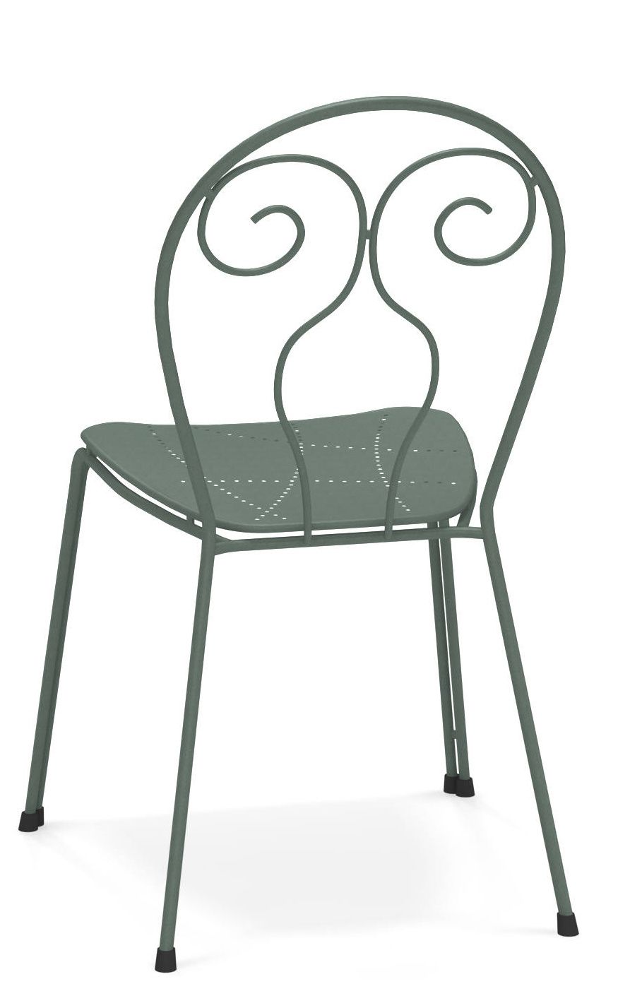 Caprera Stuhl von Emu für den Außenbereich, aus grünem Metall mit geschwungenem Rückendesign.