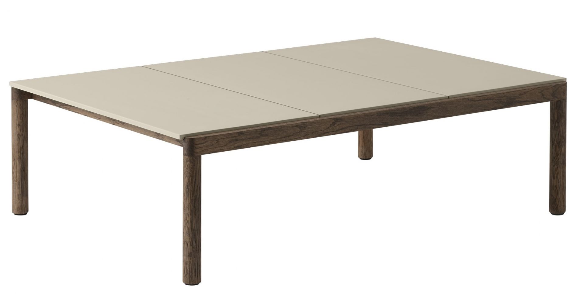 Muuto Couple Coffee Table: Rechteckiger Couchtisch mit cremefarbener Platte und dunklem Holzgestell, moderne Wohnzimmermöbel.