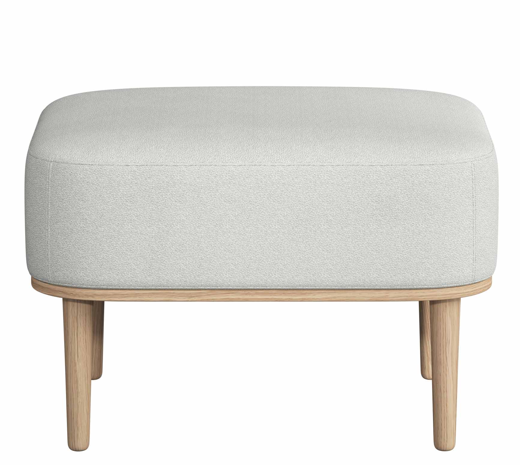 Serena Pouf Ottoman mit hellem Stoffbezug und Beinen aus Eiche natur. Hocker für Wohnzimmer.
