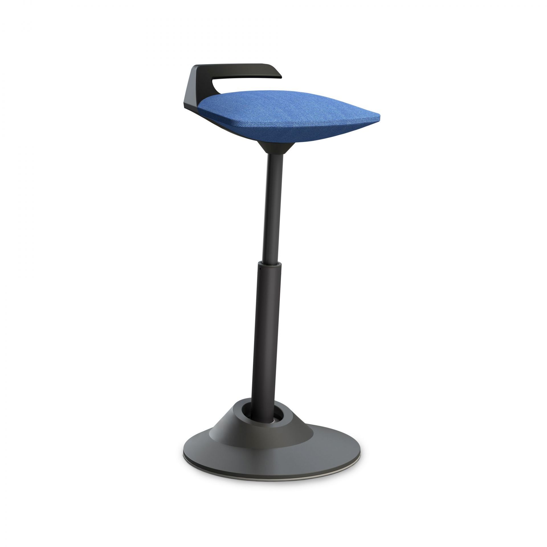Blauer Steh-Sitz Hocker mit Rückenlehne, höhenverstellbar für ergonomisches Arbeiten im Büro oder Homeoffice.
