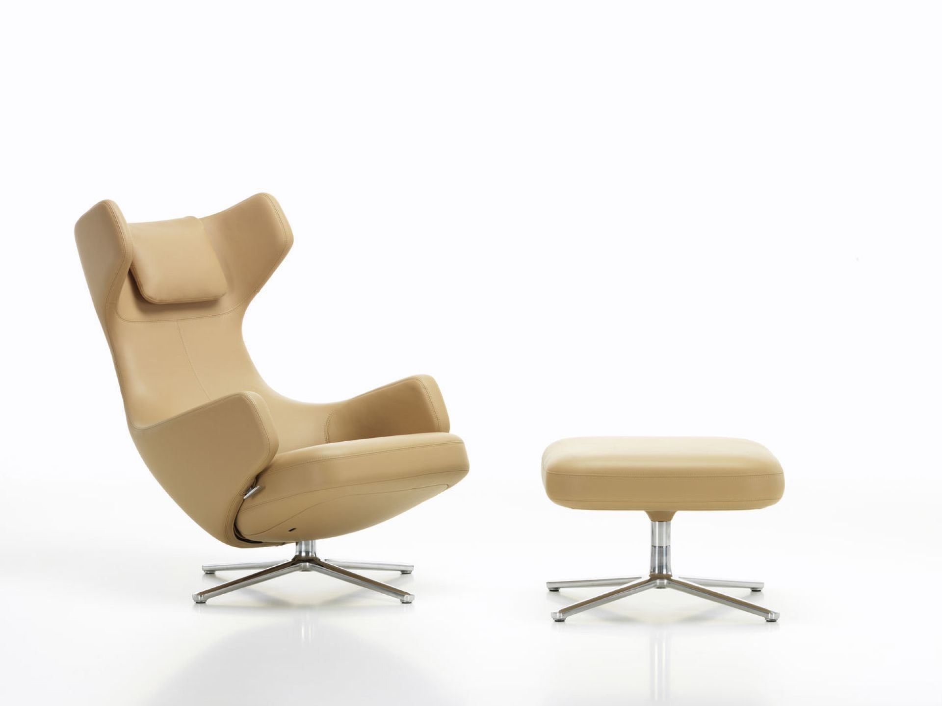 Grand Repos Sessel mit Ottoman von Vitra, Leder Cosy Classic grey, poliertes Aluminium.