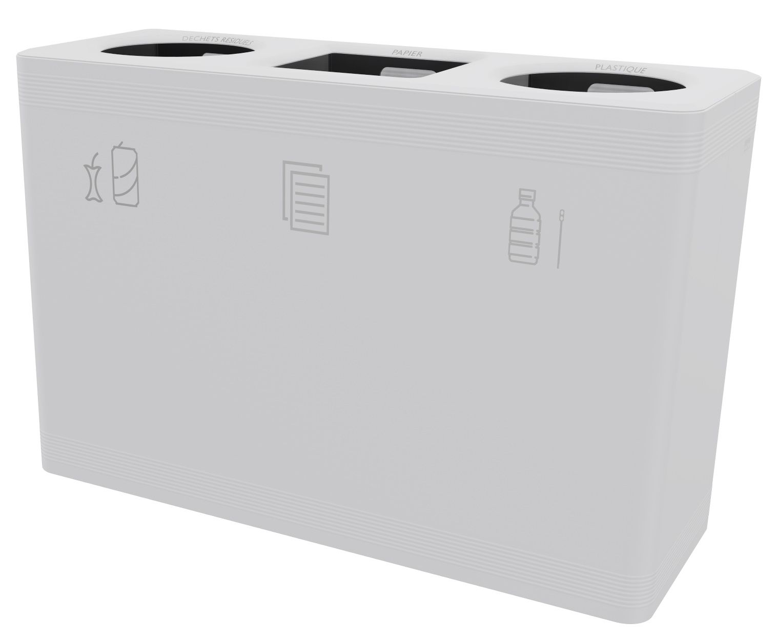 Ditch 3 Abfalltrennsystem Functionals, ein weißer Mülleimer mit drei Fächern für Restmüll, Papier und Plastik.