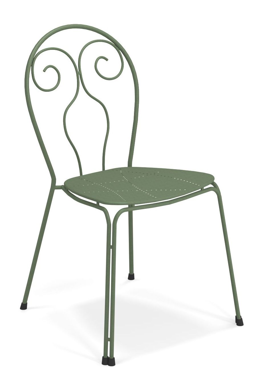 Caprera Stuhl von Emu, grüner Metallstuhl für den Außenbereich mit geschwungenem Rückendesign.