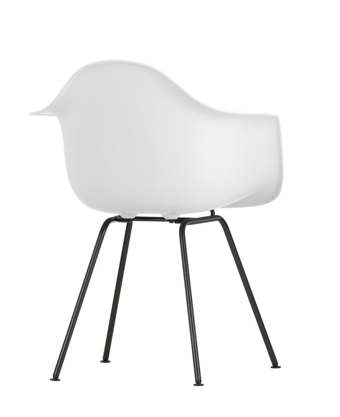 Weißer Eames Plastic Arm Chair DAX Stuhl von Vitra mit schwarzem Metallgestell, Rückansicht.