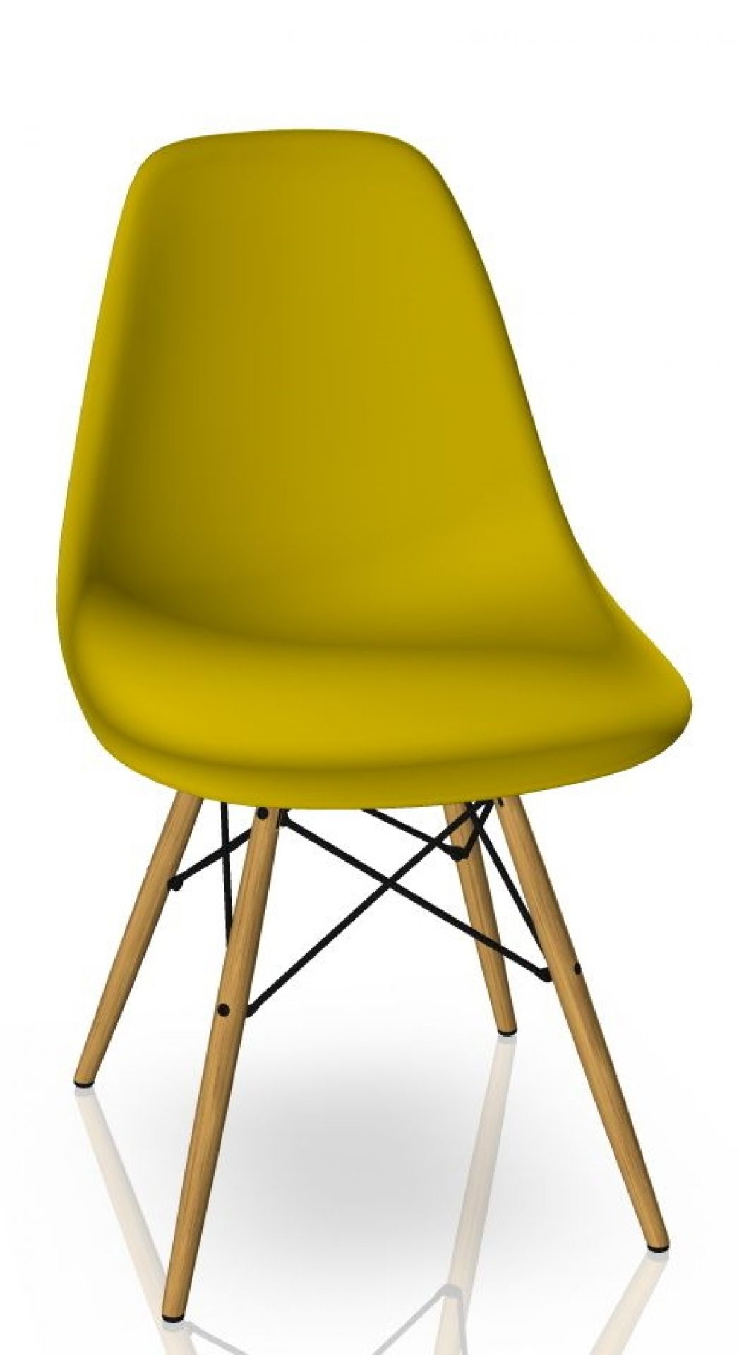 Eames Plastic Side Chair in Gelblich-Senf mit Ahorn-Holzbeinen und schwarzem Metallgestell. Designklassiker Stuhl.