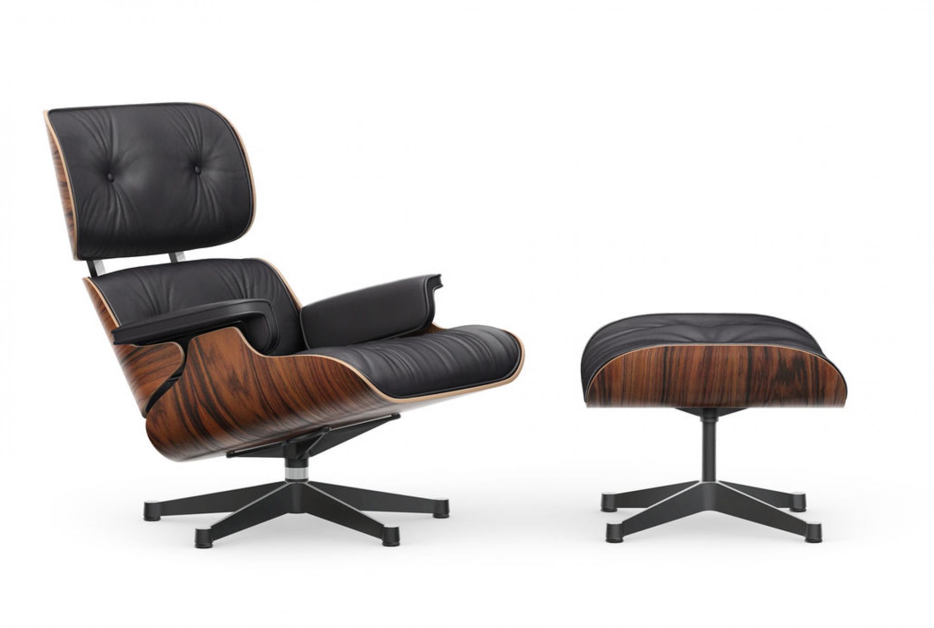 Eames Lounge Chair mit Ottoman in Palisander und schwarzem Leder, Designklassiker Sessel.