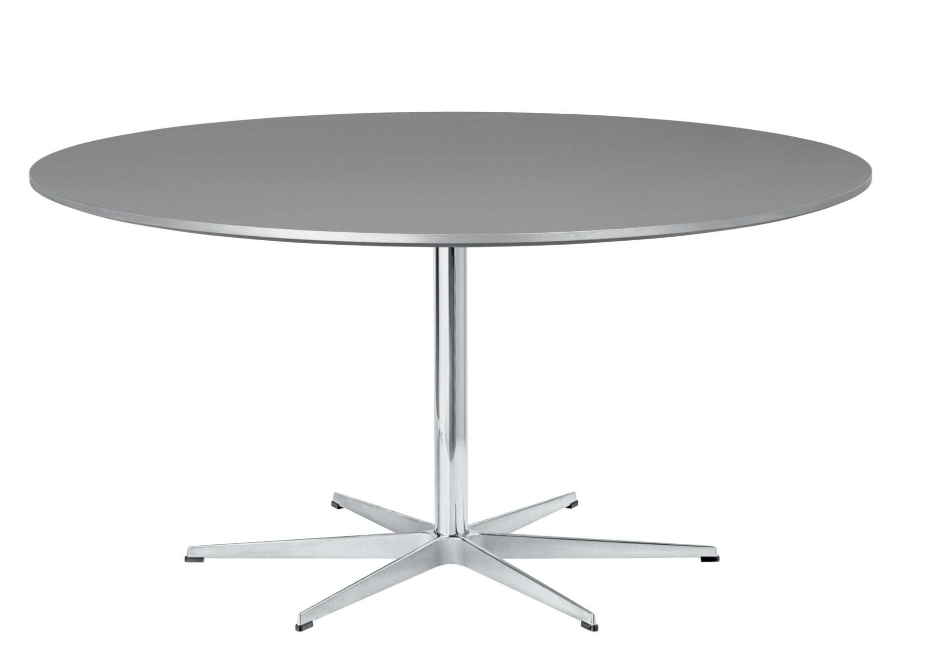 Grauer, runder Fritz Hansen Zirkular Tisch mit verchromtem Fuß und sternförmiger Basis.