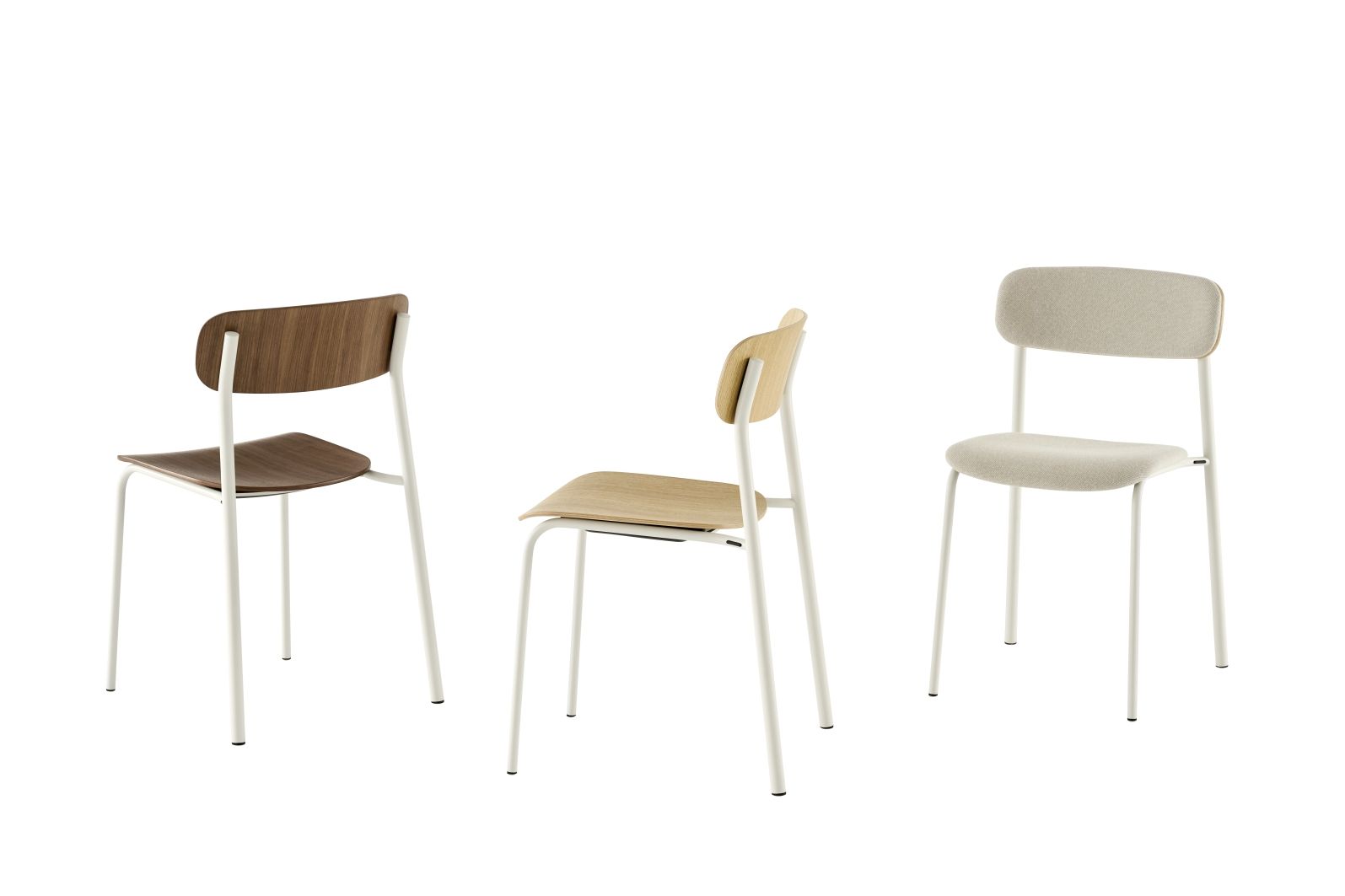 S 243 Stahlrohrstuhl von Thonet, drei verschiedene Ausführungen mit Holz und Stoffbezug, minimalistisches Design.
