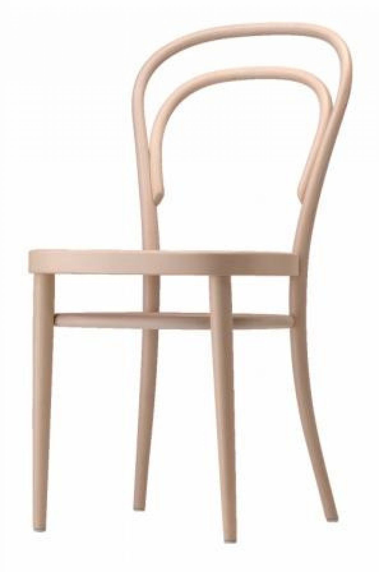 Bild eines hellen Bugholzstuhls Modell 214 M, klassischer Thonet Kaffeehausstuhl mit geschwungenem Design.