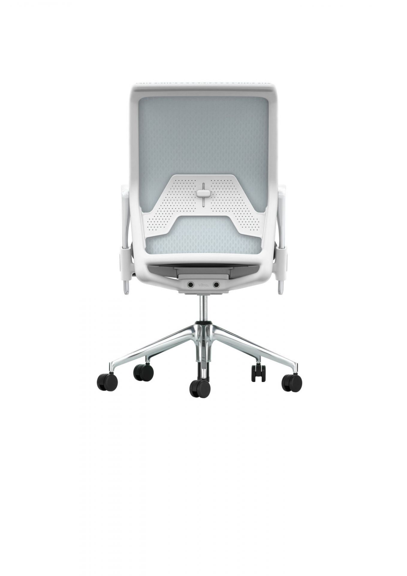 Rückansicht des weißen ID Chair Bürodrehstuhls von Vitra mit Mesh-Rückenlehne und Lumbalstütze.