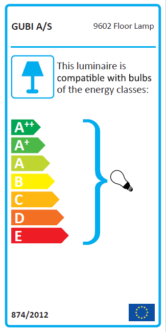 Energieeffizienzlabel für die Gubi 9602 Stehleuchte, kompatibel mit Leuchtmitteln der Klassen A++ bis E.